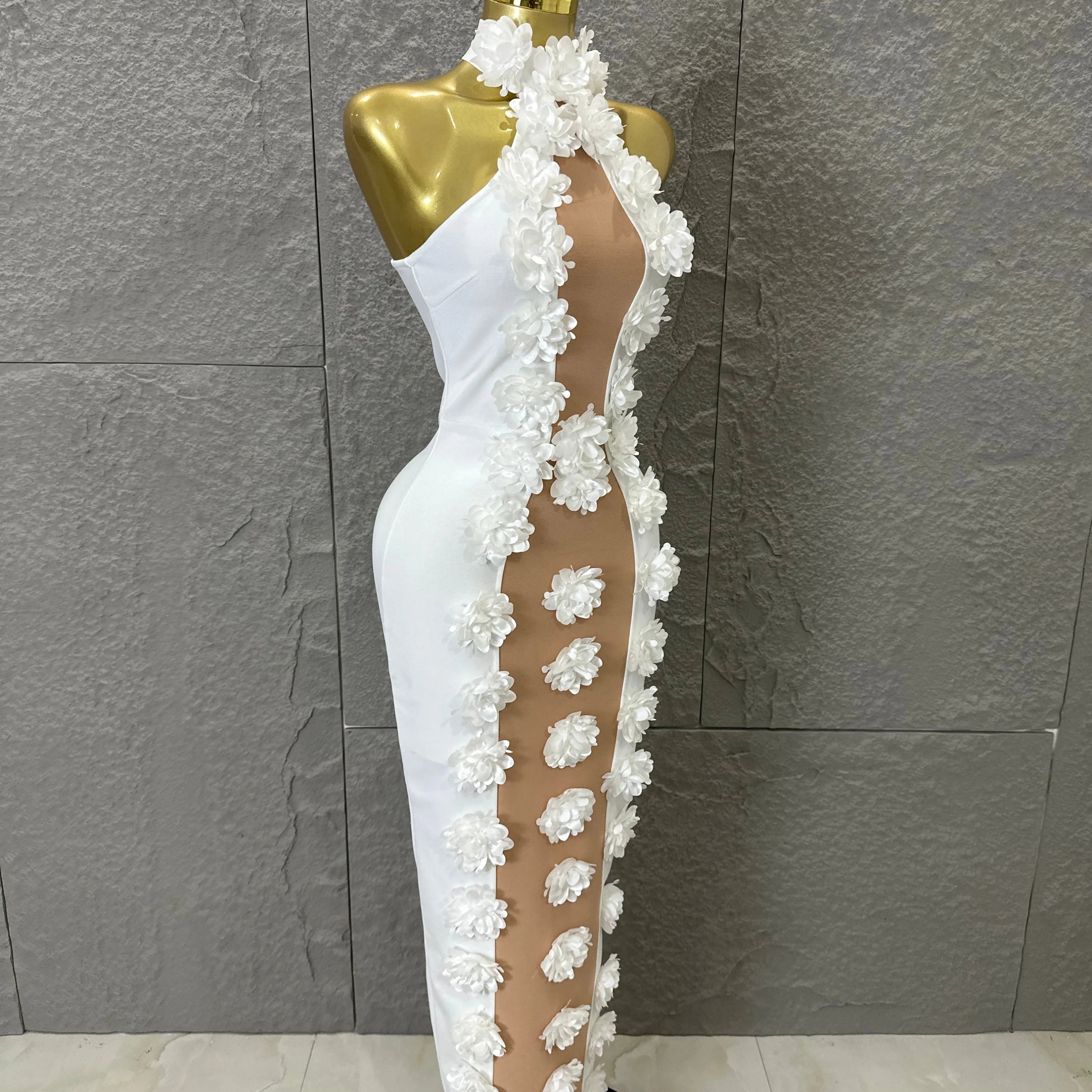 White Halter Neck Maxi Dress Women Sexy Sheer Nude Mesh 3D Floral Applique Form-Fitting Outfit Formal Event Party Costume