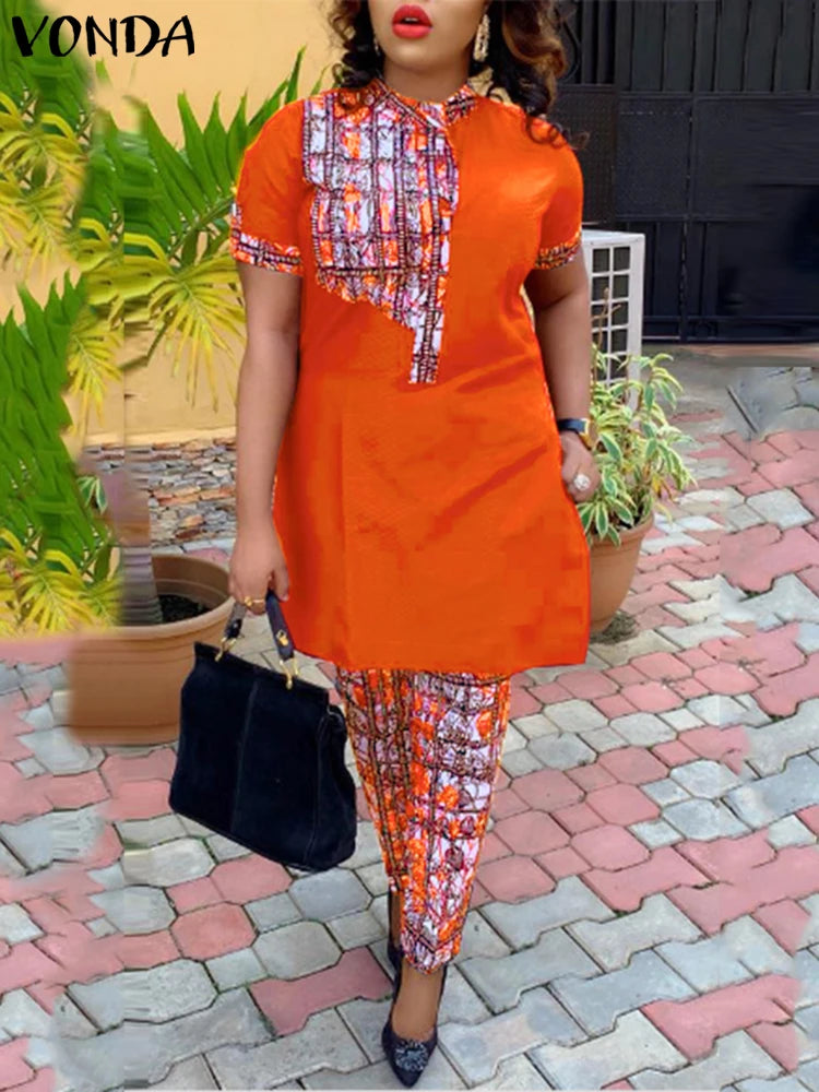 Plus Size 5XL VONDA Women Sets 2025 Summer Vintage Printed Pant Suits Casual Stand Collar Short Sleeve Tops Long Pants Sets Orange