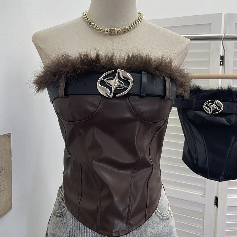 Winter New Fashion Furry Patchwork PU Leather Belt Tank Top Vest For Women Chest Pads Backless Short Tops 11A07915 Brown One Size