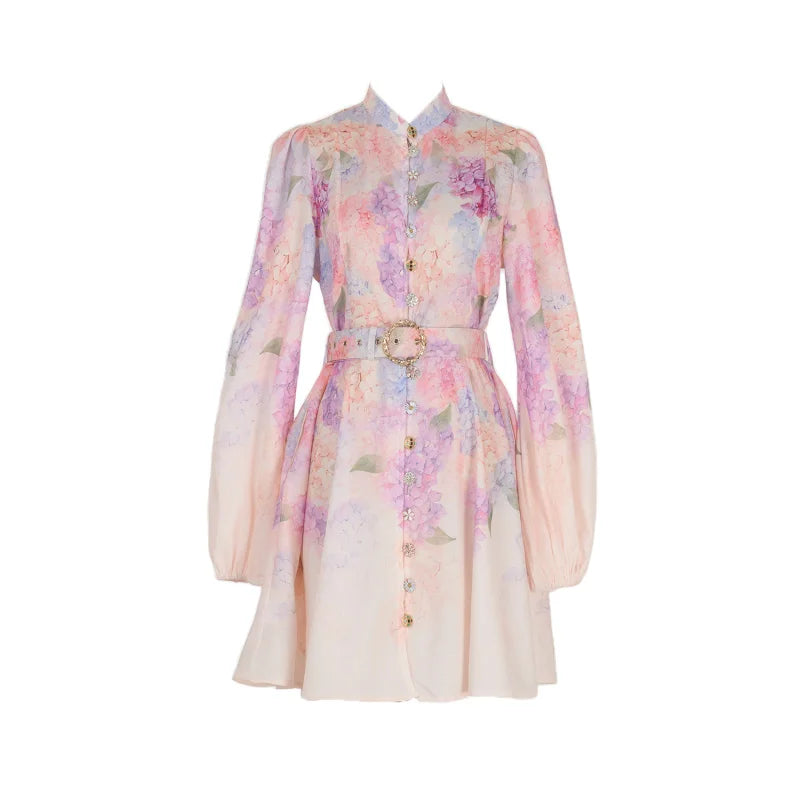 Real Shot In Stock European and American Vacation Style Long Sleeve Printed Short Dress Elegant Socialite Dress