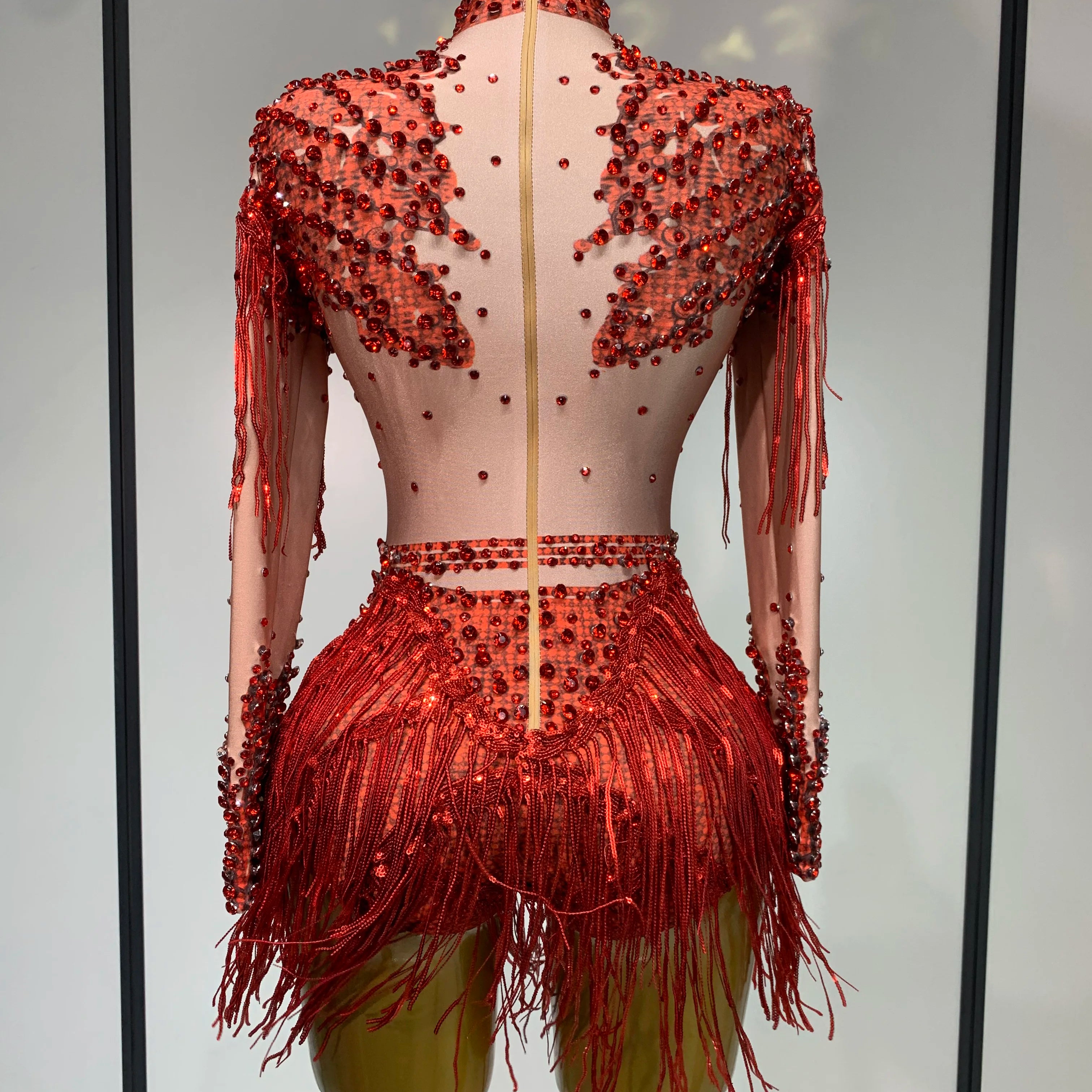 Women Sexy Elasticity Performance Dance Nightclub Rompers Singer Stage Outfit Sparkly Rhinestone Tassels Bodysuit Birthday Wear