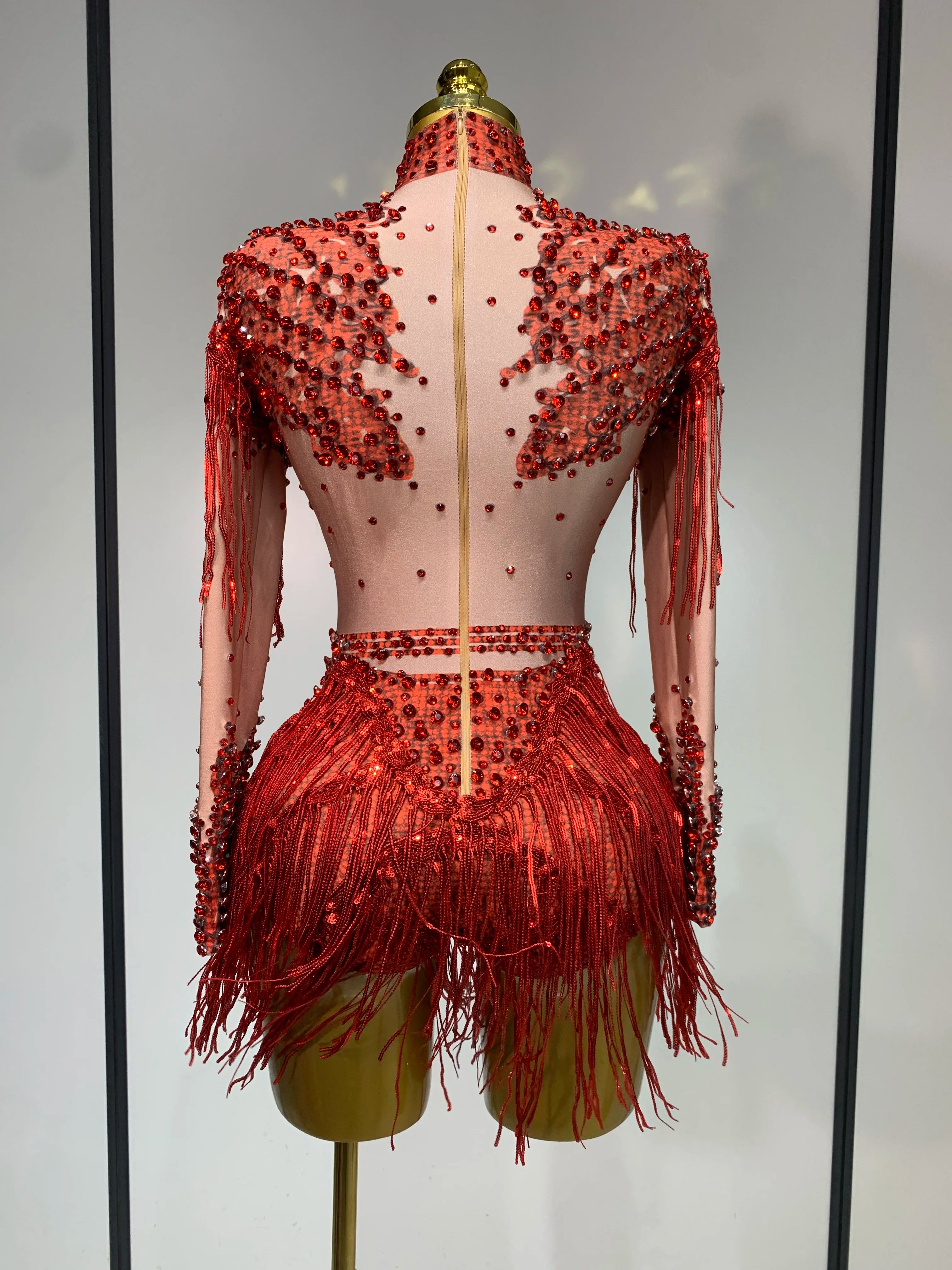 Women Sexy Elasticity Performance Dance Nightclub Rompers Singer Stage Outfit Sparkly Rhinestone Tassels Bodysuit Birthday Wear