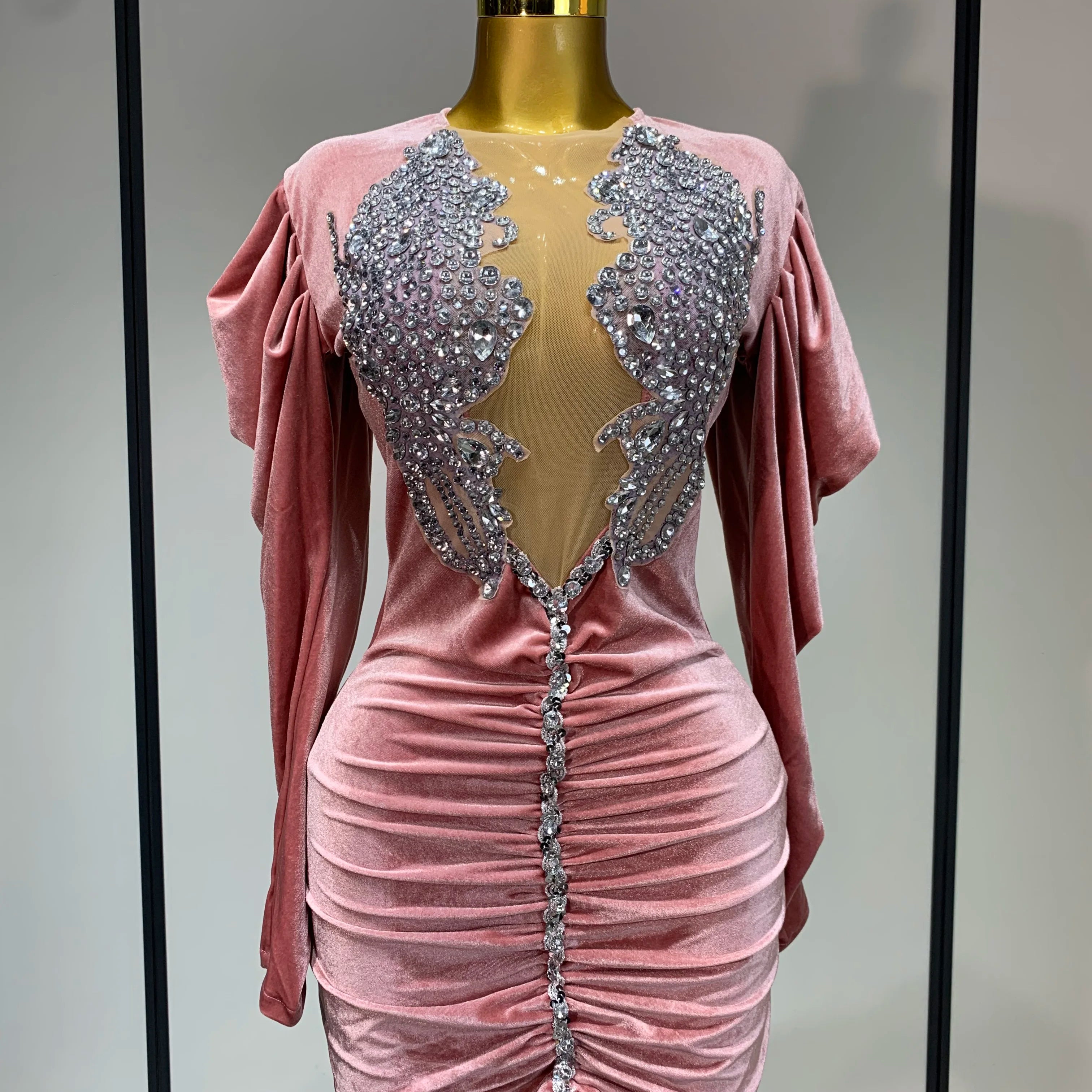 Luxury Birthday Dress Sparkly Crystals Sexy Mesh Velvet Short Dress 2025 Women Elegant Evening Party Nightclub Stage Costume Pink