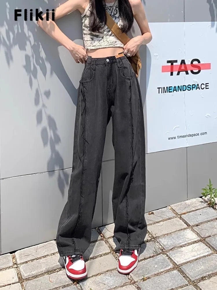 American Retro High Waist Straight Pockets Jeans Hip-hop Pants Spring Women's Grunge Streetwear Casual Y2K Denim Trouser
