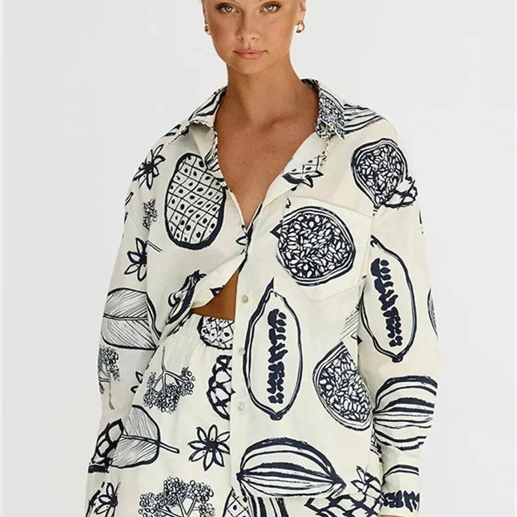 Foridol Fruit Printed Pockets Casual Shirt+shorts Set Outfits Matching Set Summer Women Spring Beach Oversize White Set