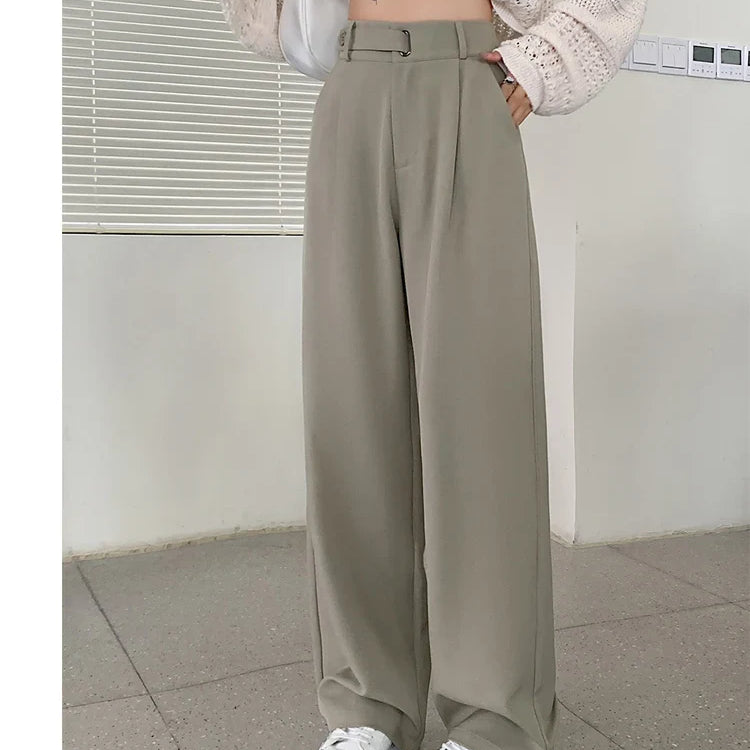 Seoulish High Waist New Suit Wide Leg Women‘s Full Pants Spring Summer Female Elegant Minimalism Straight Loose Trousers Army green(regular)