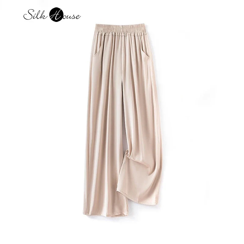 Women's Fashion Spring/Summer New Commuter 96%Natural Mulberry Silk Elastic Double Qiao Beige Wide Leg Casual Pants