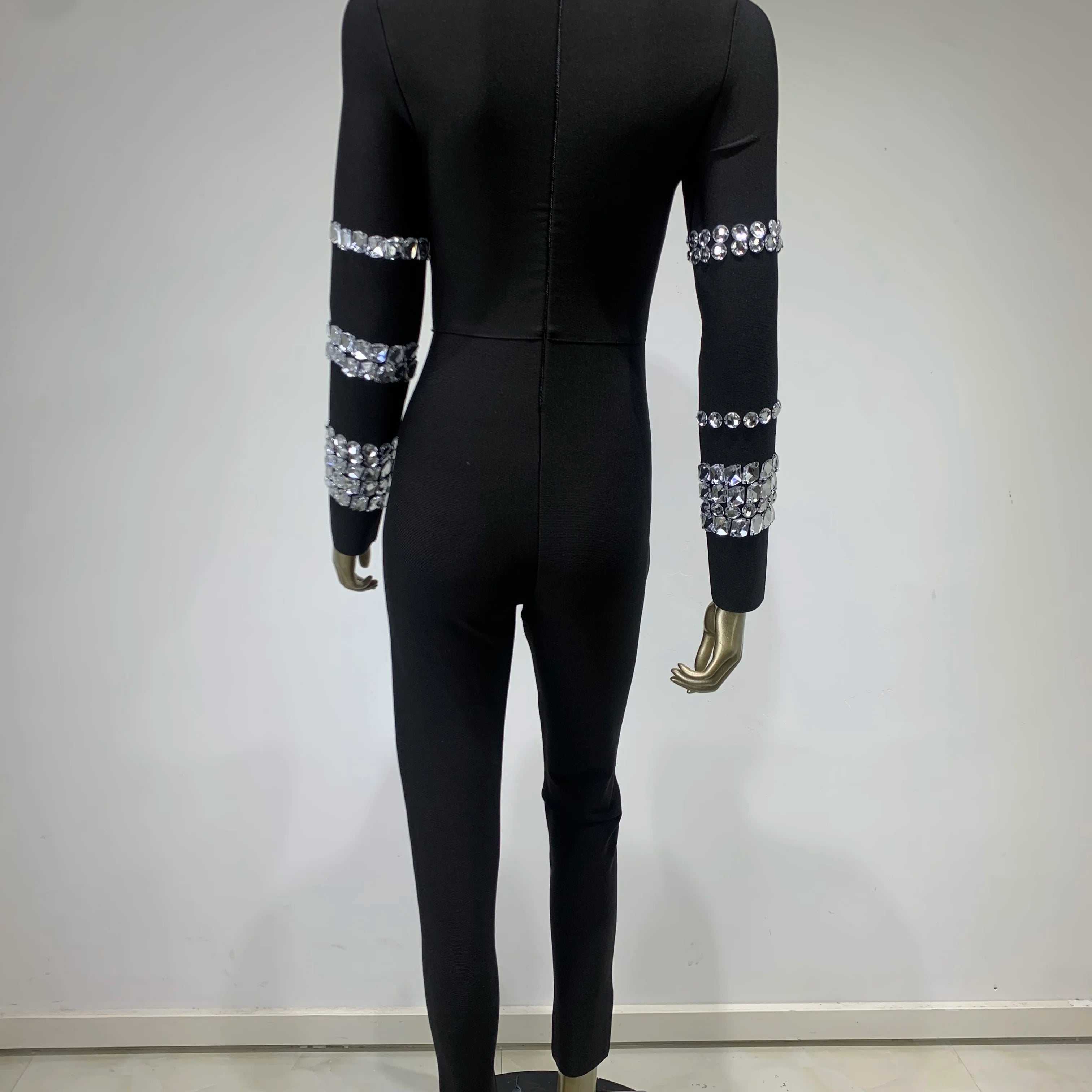 Chic Women Luxury Sexy Long Sleeve Turtleneck Beading Sparkly Black Bandage Jumpsuit 2023 Celebrity Designer High Street Rompers