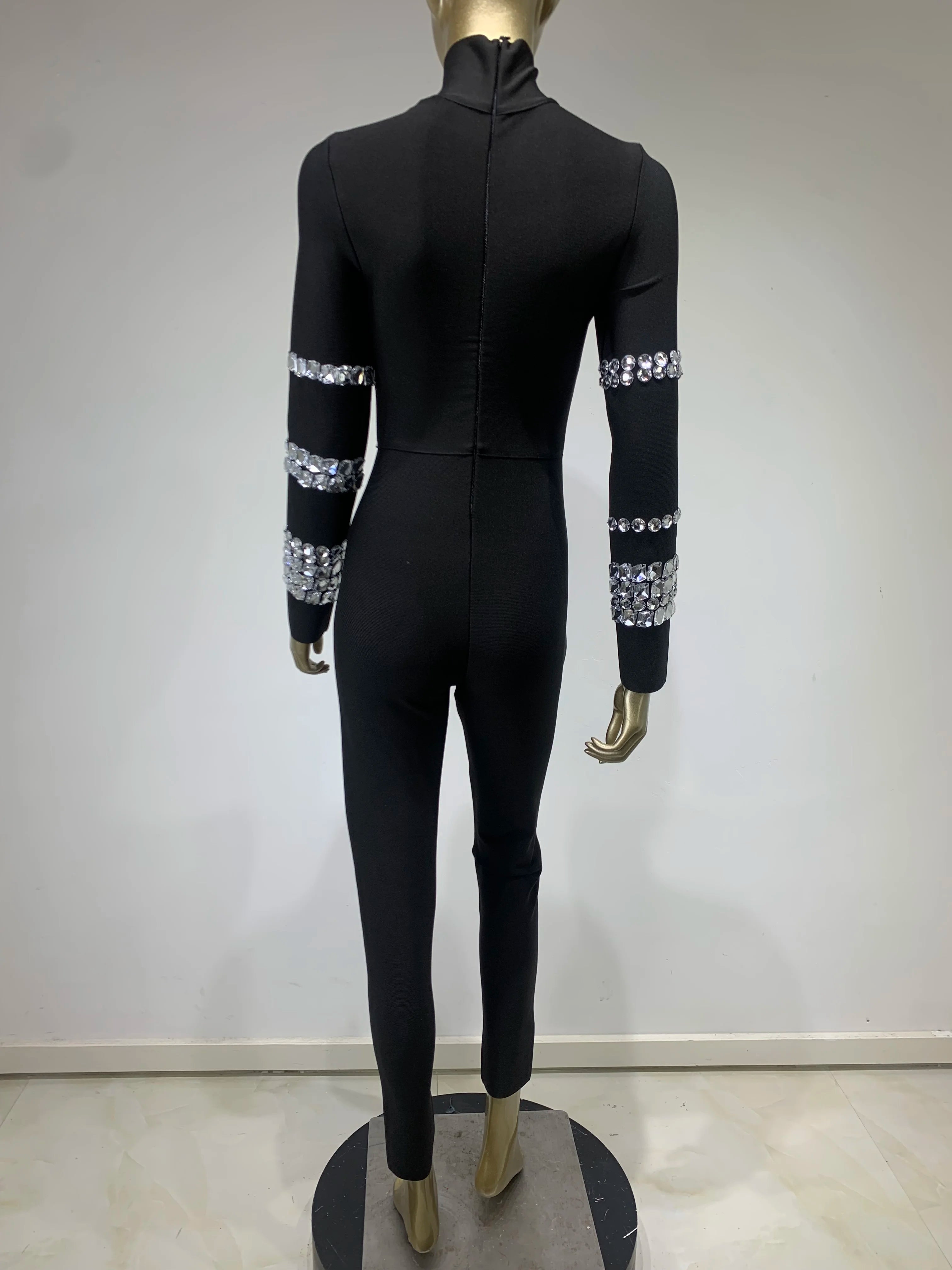 Chic Women Luxury Sexy Long Sleeve Turtleneck Beading Sparkly Black Bandage Jumpsuit 2023 Celebrity Designer High Street Rompers