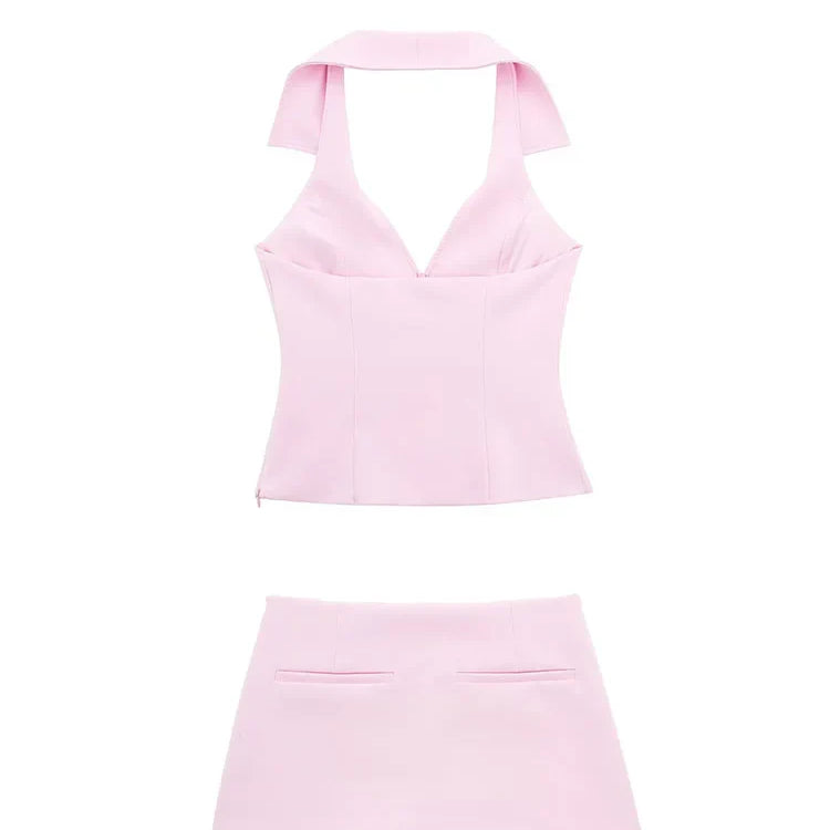 TRAF Summer Women Pink Shorts 2 Pieces Set High Waist Mini Skirts Shorts Sexy V-Neck Sleeveless Backless Suspender Zipper Top