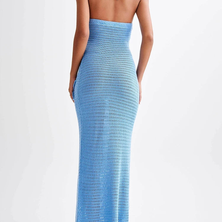 Patchwork Appliques Knitted Dress For Women Halter Sleeveless High Waist Slimming Dresses Female Fashion Clothes