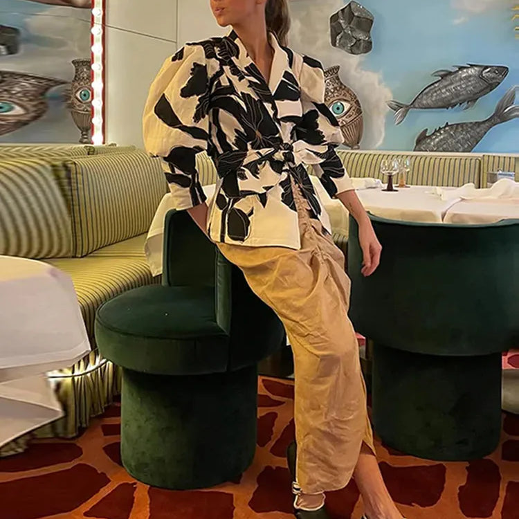 Fashion Flower Print Belt Women Shirts Spring Summer Elegant Slim Lapel Puff Sleeve Blouses Vintage Lady Office Streetwear