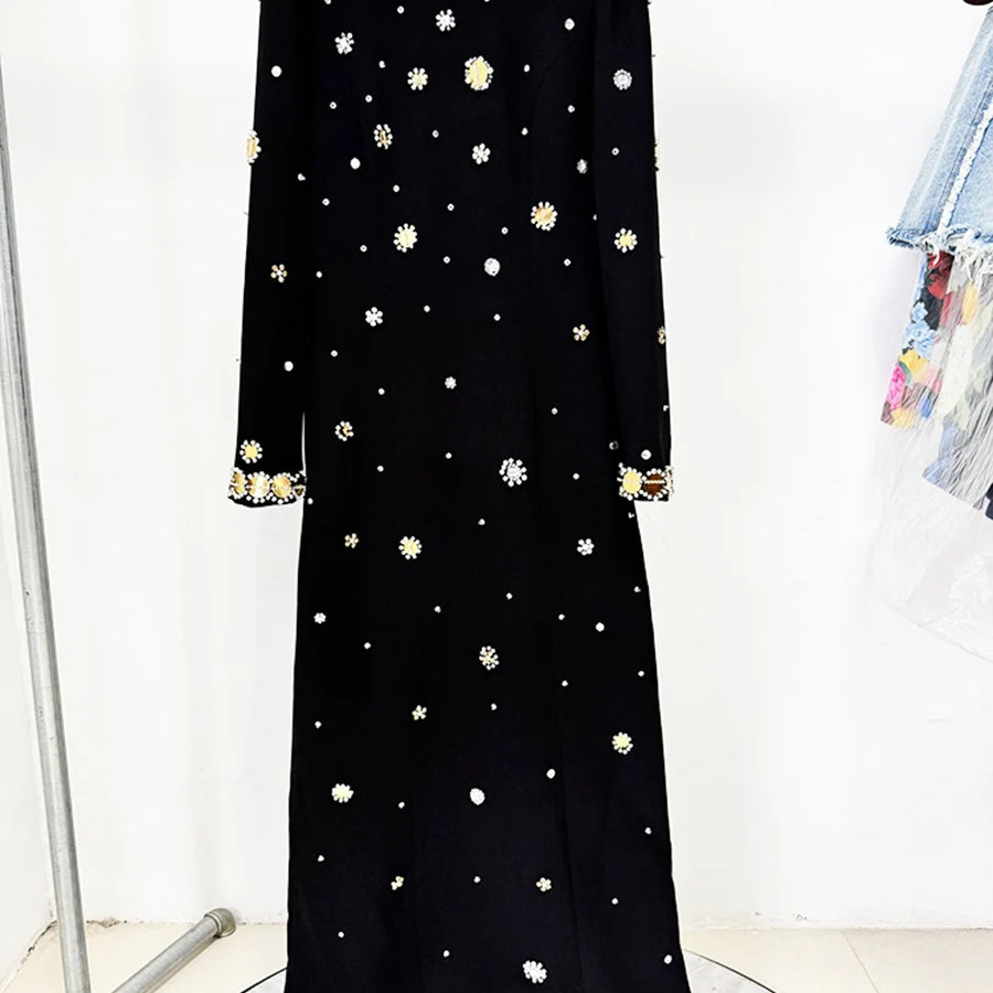 Hit Color Spliced Bead Luxurious Dresses for Women Round Neck Long Sleeve Patchwork Wave Point Elegant Dress Female BLACK