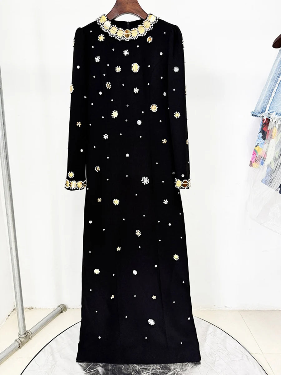 Hit Color Spliced Bead Luxurious Dresses for Women Round Neck Long Sleeve Patchwork Wave Point Elegant Dress Female BLACK