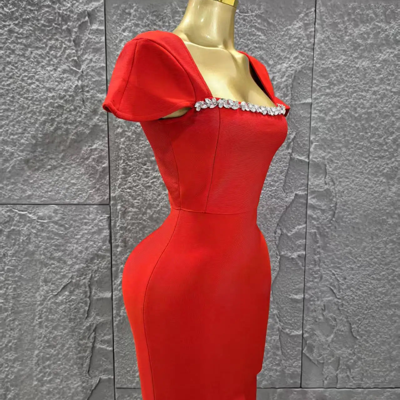 Black Red Color Women Sexy Short Sleeve Square Collar Bodycon Mini Bandage Dress Nightclub Party Celebrate Birthday Fashion Wear
