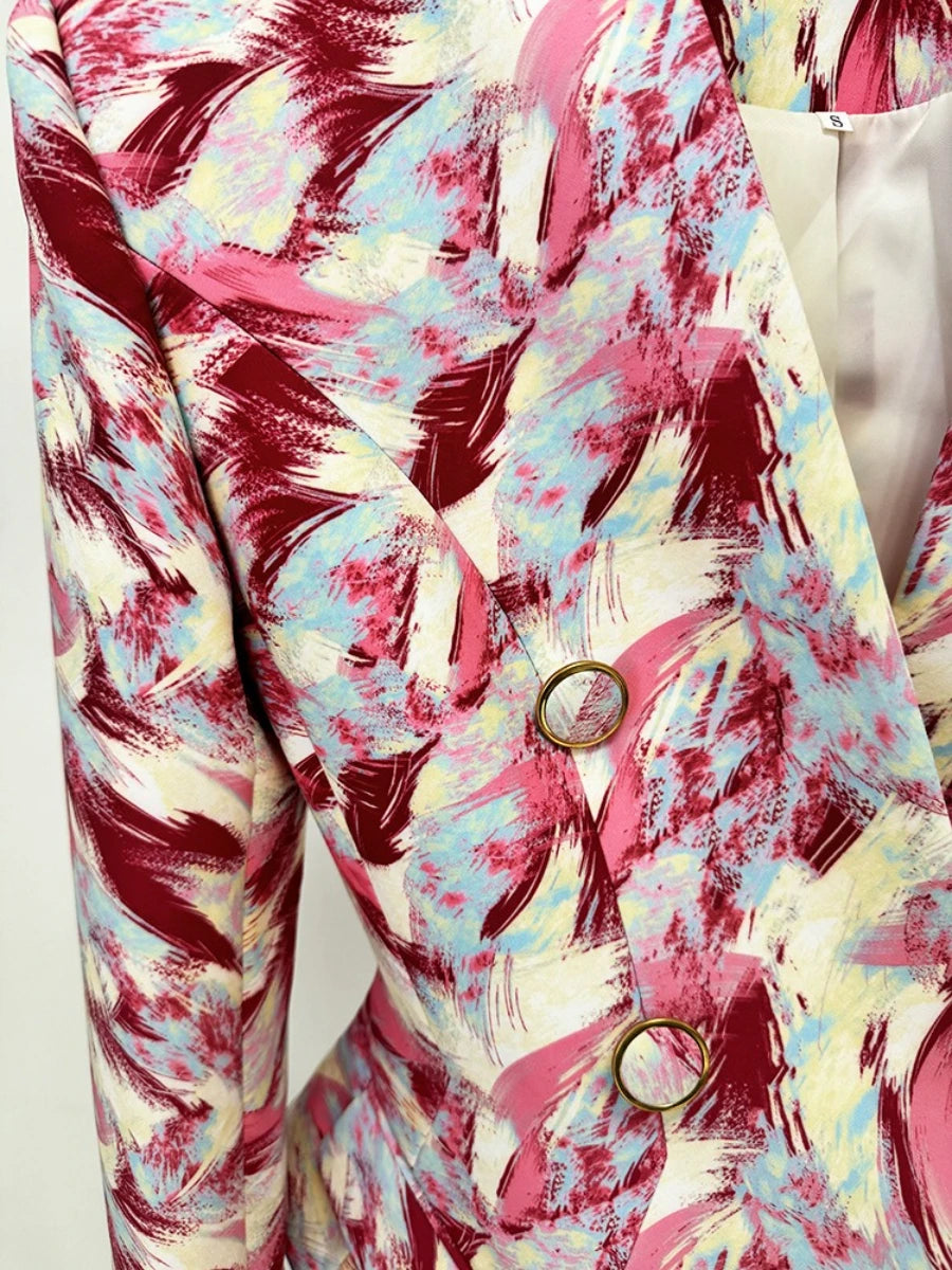 Hit Color Spliced Printing Fashion Jackets for Women V Neck Long Sleeves Patchwork Button Elegant Jacket Female New