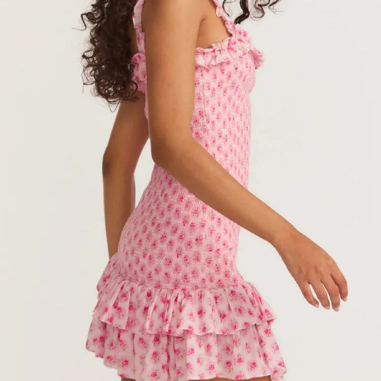 Romantic Pink Flower Print Corset Ruched Elastic Body Sling Mini Dress Woman Wood ears Ruffles Hem Package Hips Holiday Robe