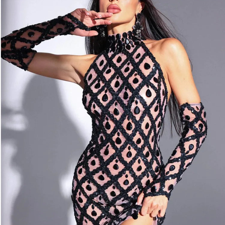 Women Sexy See Through Mesh Bodycon Mini Dress Gloves Shinning Crystal Nightclub Party Celebrate Christmas Dress black