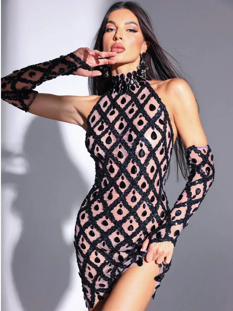 Women Sexy See Through Mesh Bodycon Mini Dress Gloves Shinning Crystal Nightclub Party Celebrate Christmas Dress black