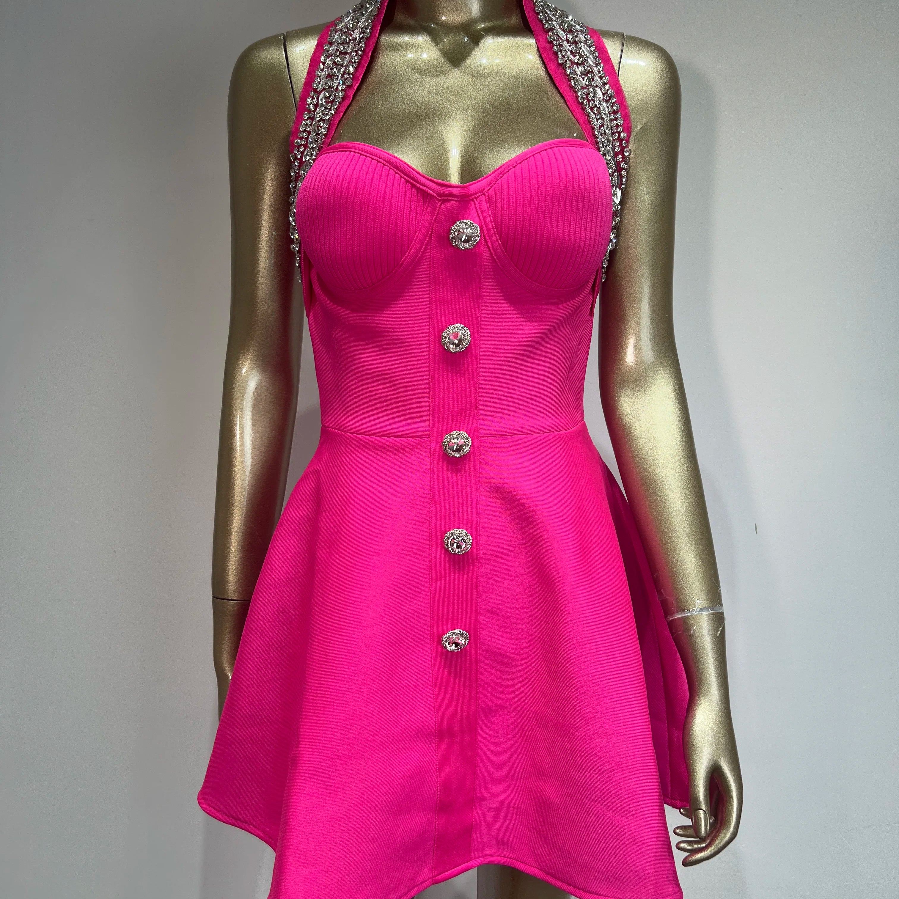 Rosered Black Color Women Sexy Off the Shoulder Halter Shinning Crystal A-Line Bandage Mini Dress Celebrate Nightclub Party Wear