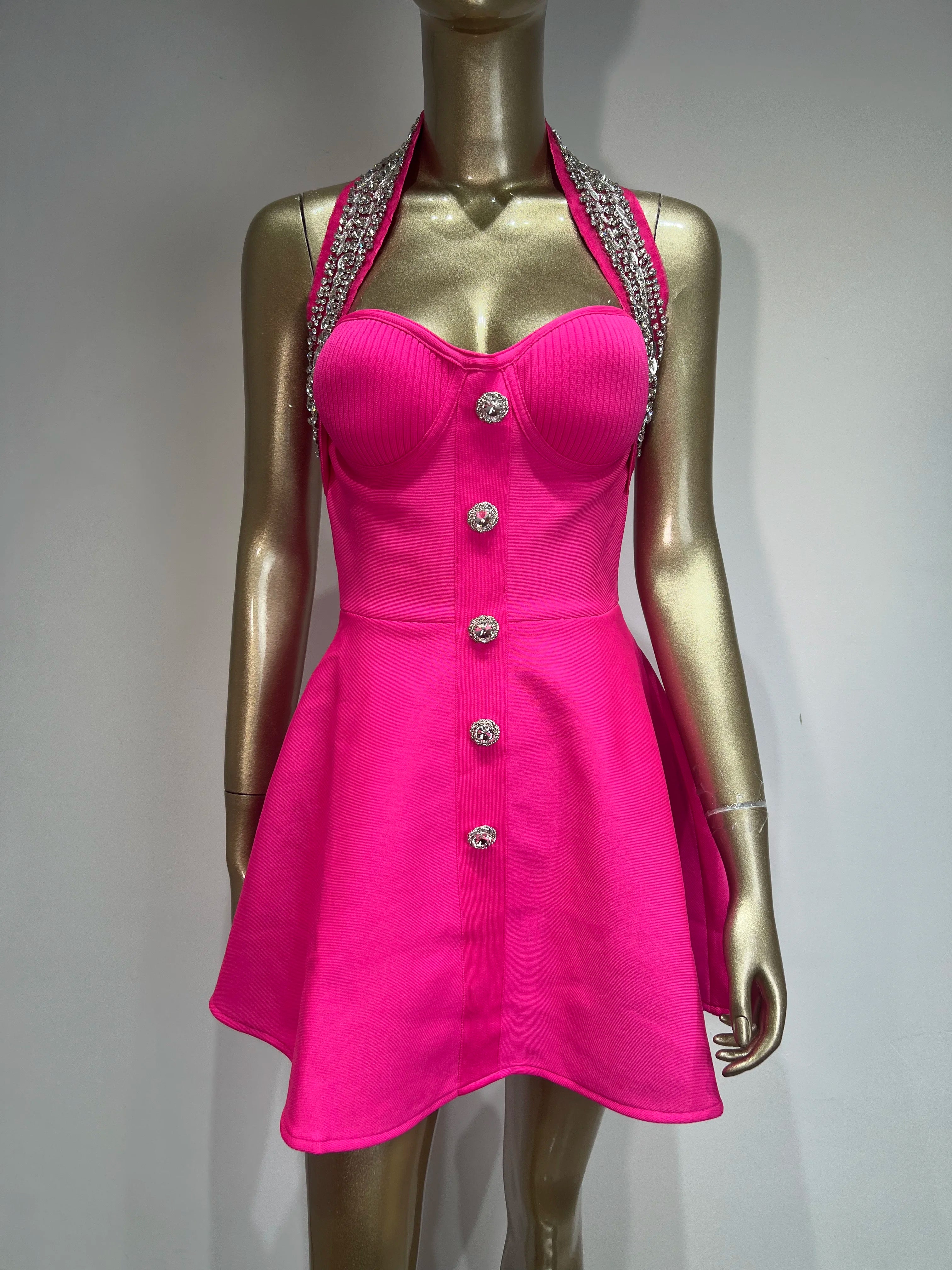 Rosered Black Color Women Sexy Off the Shoulder Halter Shinning Crystal A-Line Bandage Mini Dress Celebrate Nightclub Party Wear