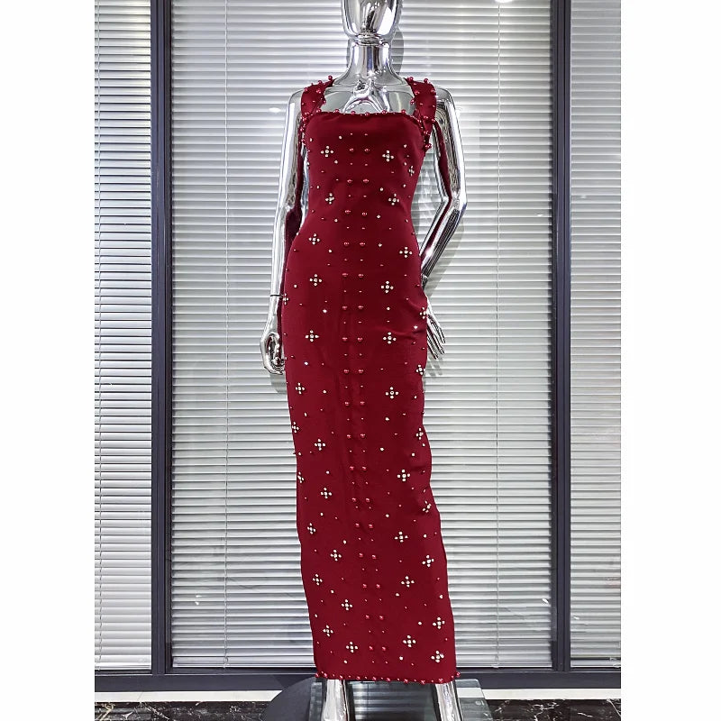 Luxury Shining Diamond Pearl Beading Halter Ankle Length Bandage Dress Elegant Woman Evening Party Vestido Birthday Party Outfit