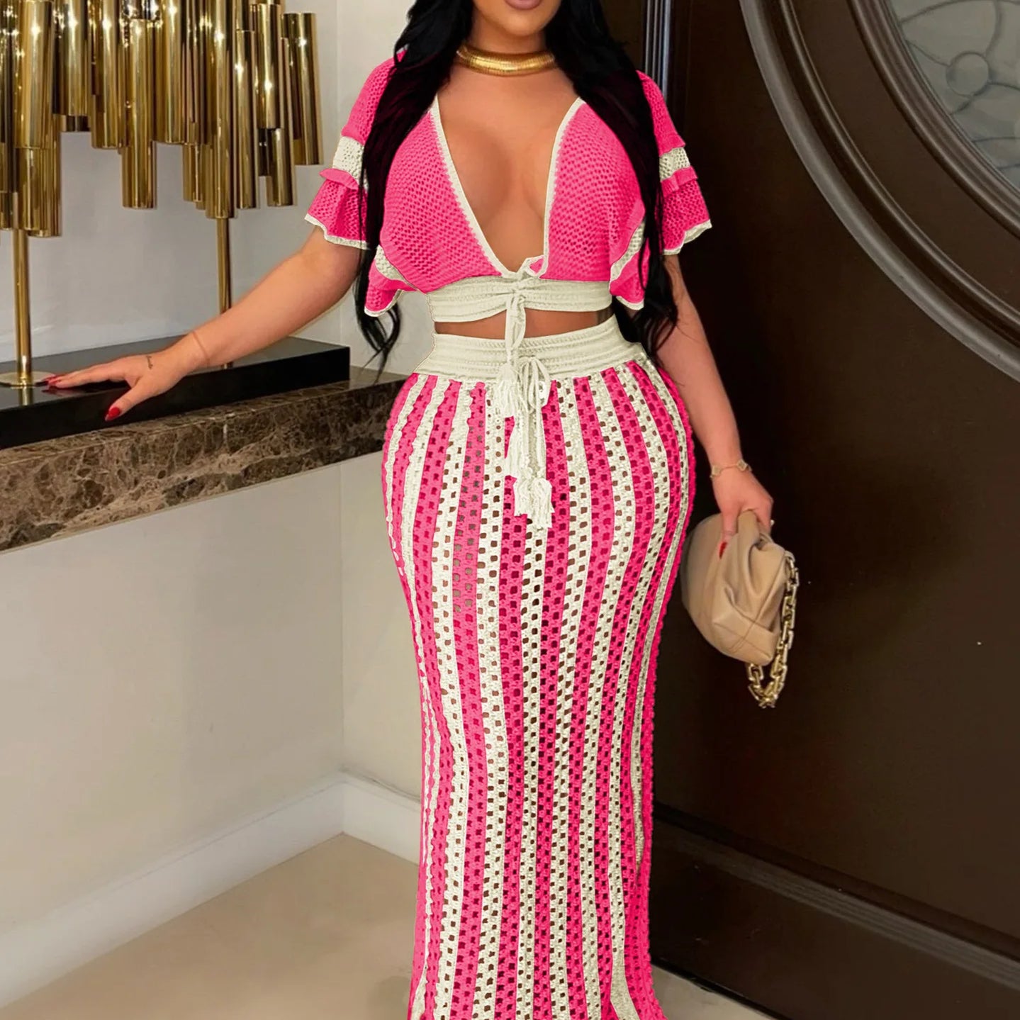 Women's Set Short Sleeve V-neck Top + Long Skirts Suit Summer Knitted Hollow Out Streetwear Beach Sexy Two 2 Piece Sets Rose Red