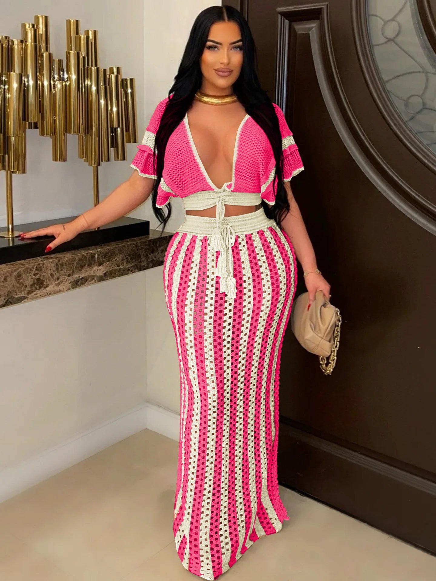 Women's Set Short Sleeve V-neck Top + Long Skirts Suit Summer Knitted Hollow Out Streetwear Beach Sexy Two 2 Piece Sets Rose Red