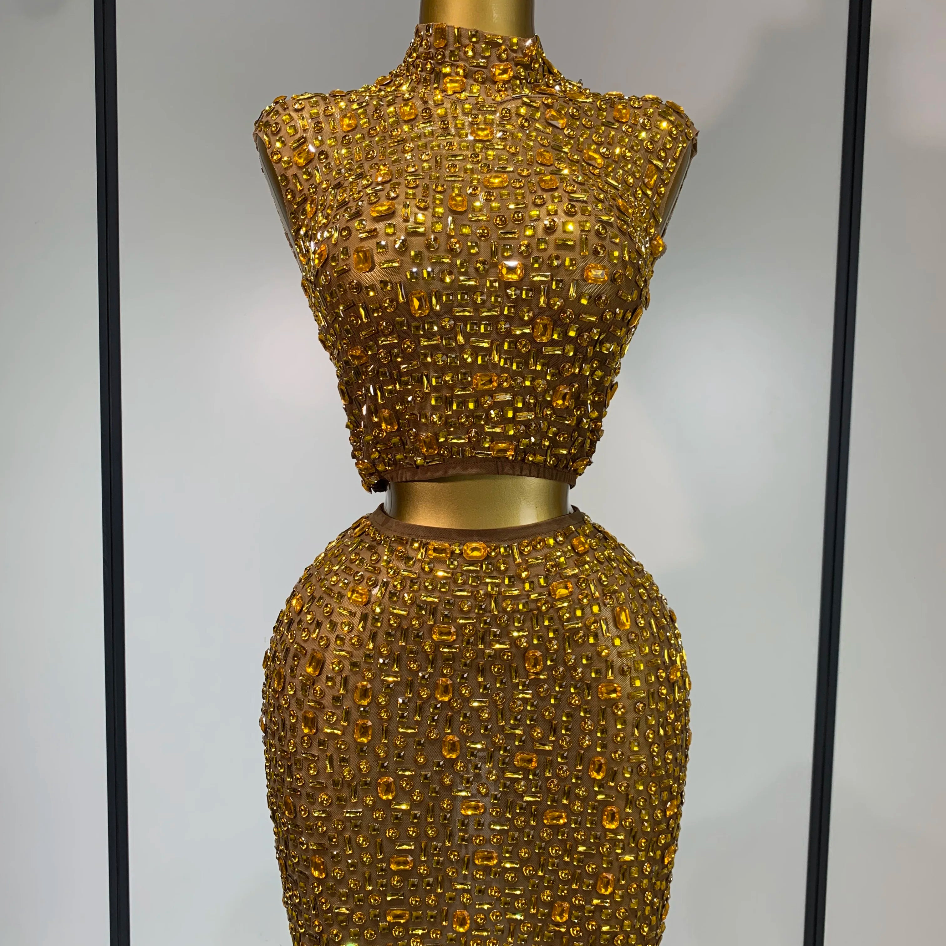 Luxury Rhinestone Mesh See Through Celebrate Birthday Dress Sparkly Top Short Skirt Two Pieces Sets Performance Stage Costume Gold