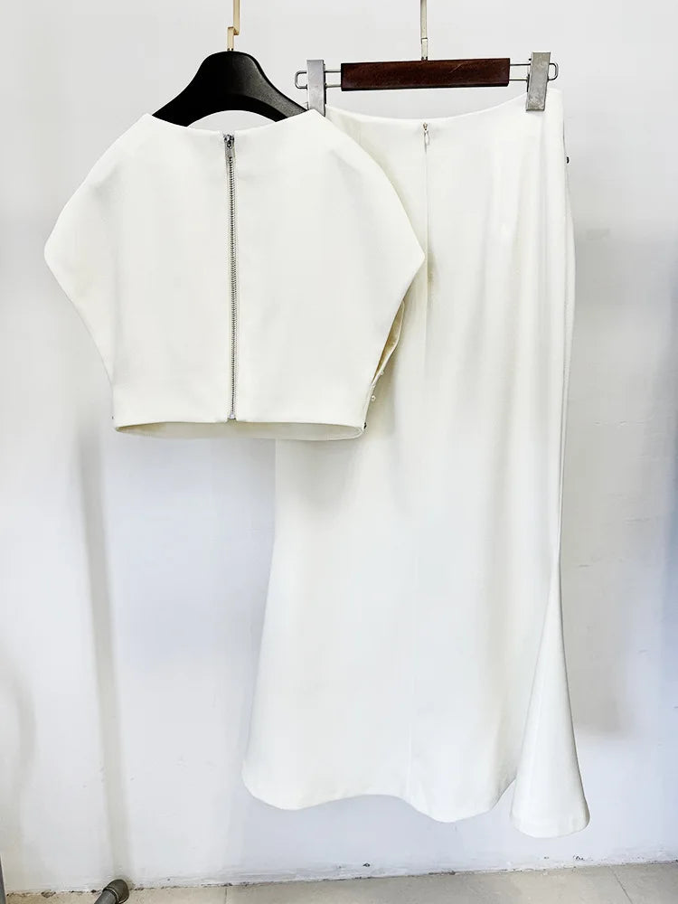 New Spring Colorful Rhinestones Women Batwing Sleeve O-Neck 2 Pieces Bodycon Long Set Elegant Evening Party Celebrate Women Set