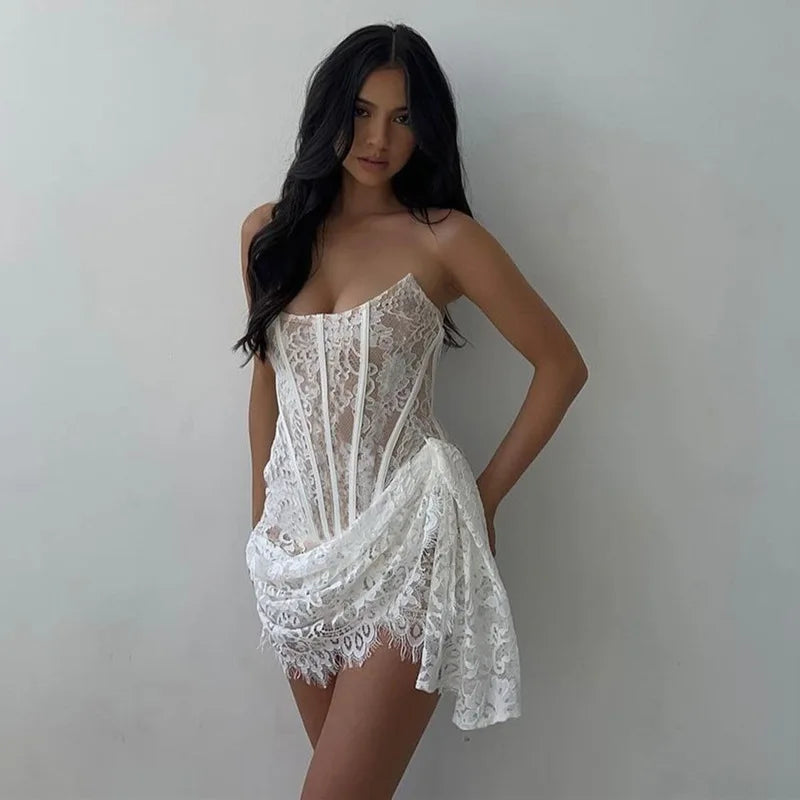 Lace Strapless Ruched Sexy Mini Dress For Women Fashion Fishbone Off-shoulder Sleeveless Backless Club Party Dress White