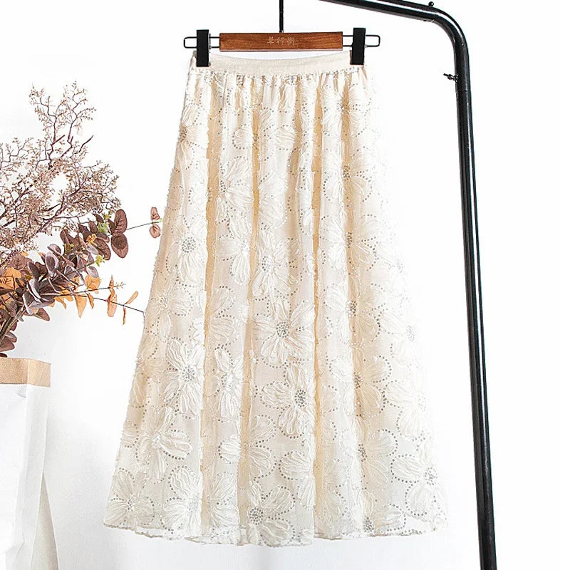 Lace Tulle Skirts New Spring A-Line Floral Embroidery Beading Shiny Sequins Mesh Tutu Skirt for Women Faldas Mujer Moda P416 Apricot 40-55kg