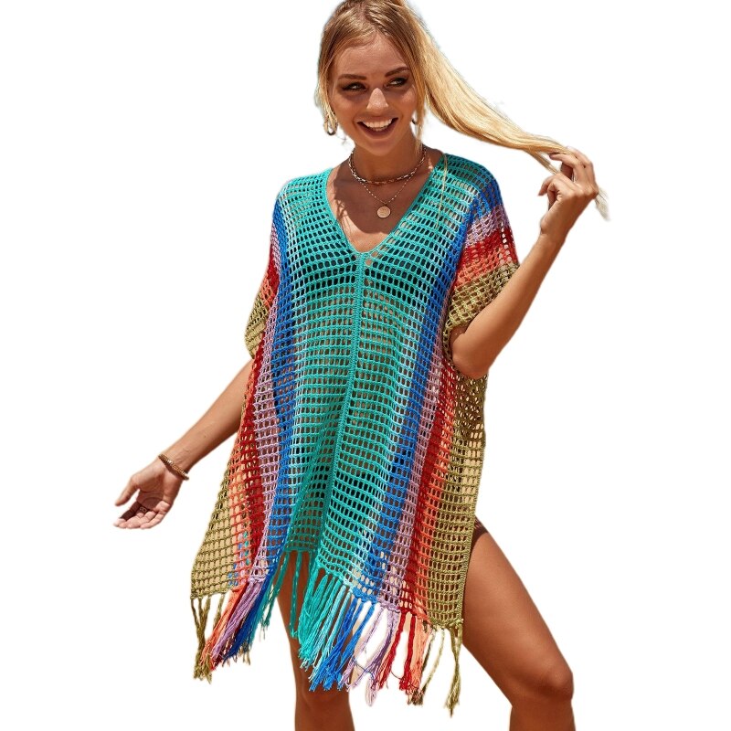 Swimsuit Cover Beach Cover Up Crochet Iridescence Knitted Beachwear Long Pareos Sexy Beach Dress Blue