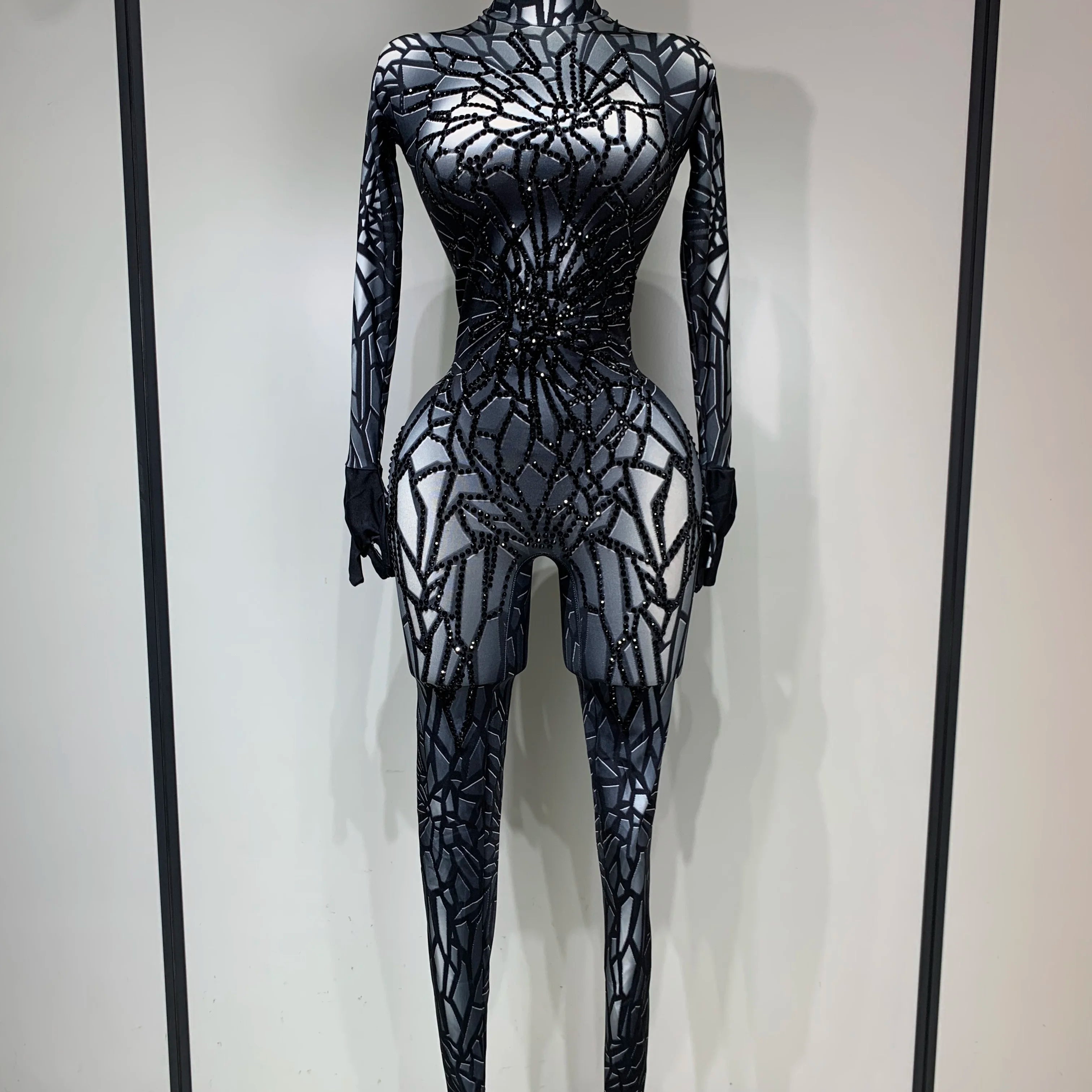 Women Sexy Black Rhinestone Stretch Bodycon Jumpsuit Club Evening Party Birthday Wear Singer Dancer Stage Perform Costume Silver