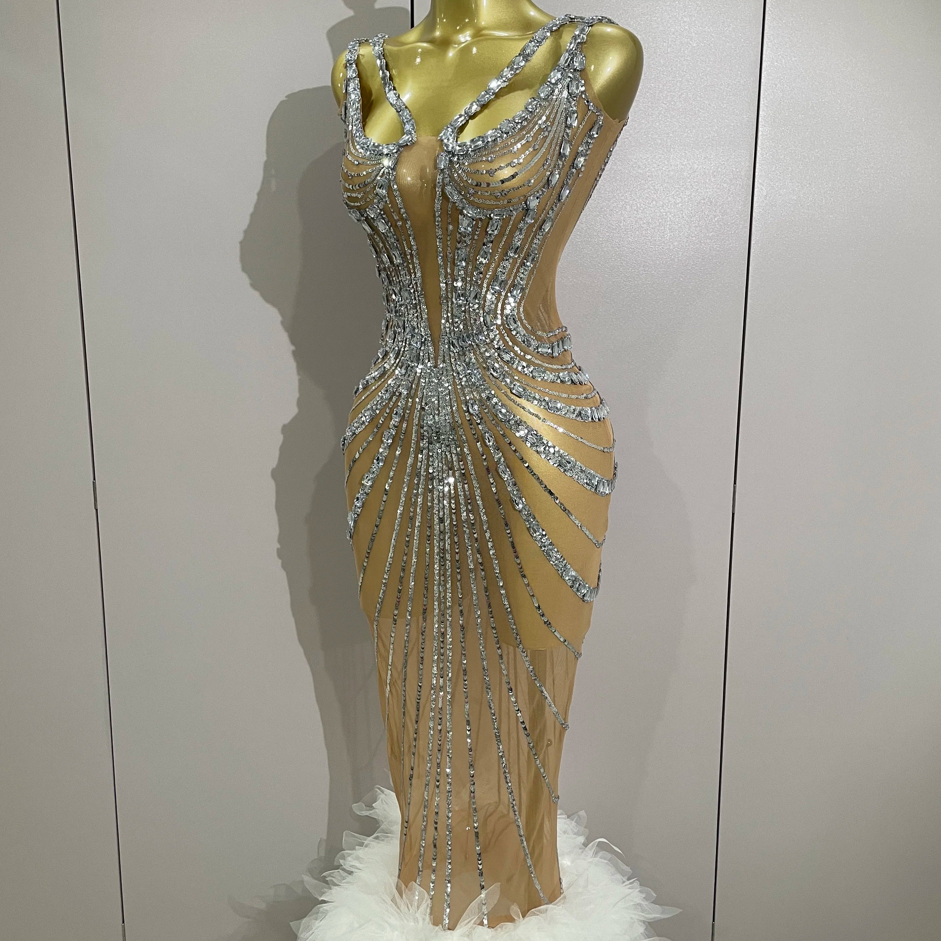 Luxury Sexy Silver Rhinestone Mesh See Through Long Dress 2025 New Women Birthday Party Prom Gown Singer Nightclub Stage Costume
