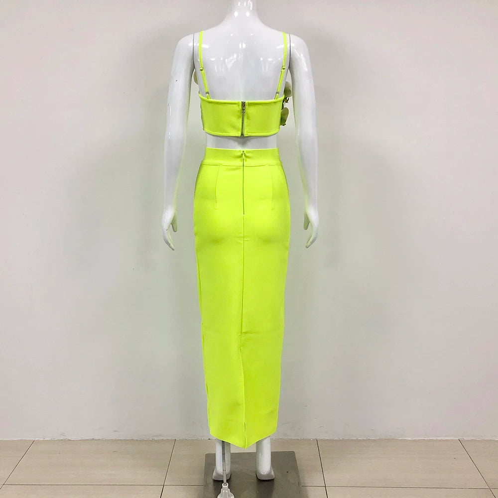 Green Color Women Sleeveless Sexy Strap Square Collar 2 Pieces Bodycon Long Bandage Dress Celebrate Birthday Dress