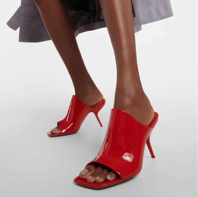 2025 New Style Women's High Heels Shoes Patent leather Pointed Toe Solid Color Night Club Party Shoes Femme Summer Half Slippers