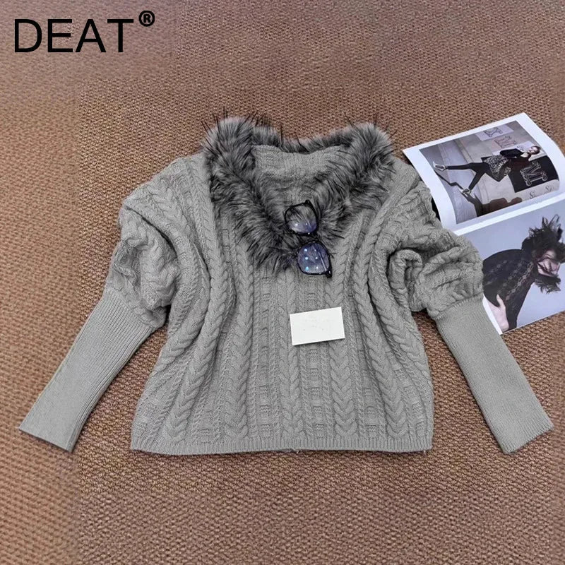 Autumn Winter New Fashion Design Knitted Sweater With Fur Collar Loose Twist Pullover For Women Trendy 11A07787