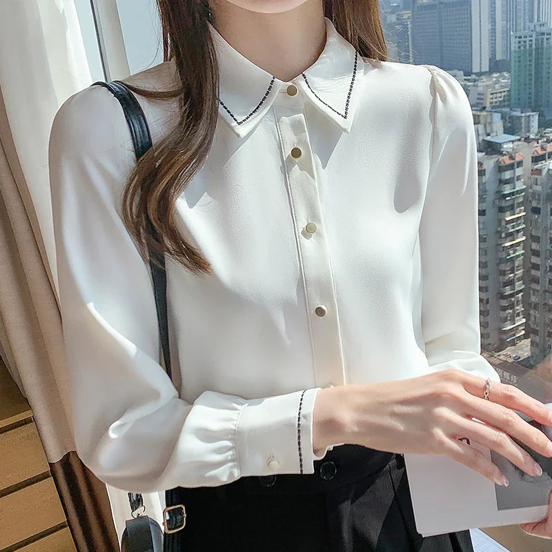 Women Clothing Solid Fashion Casual Loose Shirts Spring Autumn Long Sleeve Button Chic Turn-down Collar Blouses Female Top WHITE