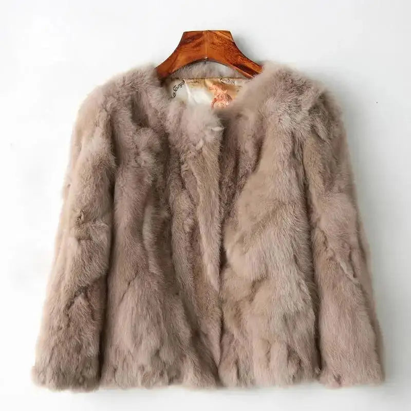 2025 New Women's Real Rabbit Fur Coat High-waist Round Collar Cardigan Long-sleeved Slim Fit Rabbit Jacket Women Fashion Coat as pic 1
