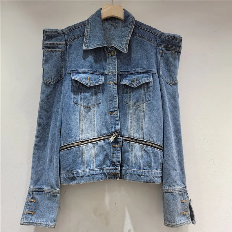 Autumn Winter New Fashion Denim Jacket For Women High Street Style Zipper Design Coat Female Trend 11A07631 Blue