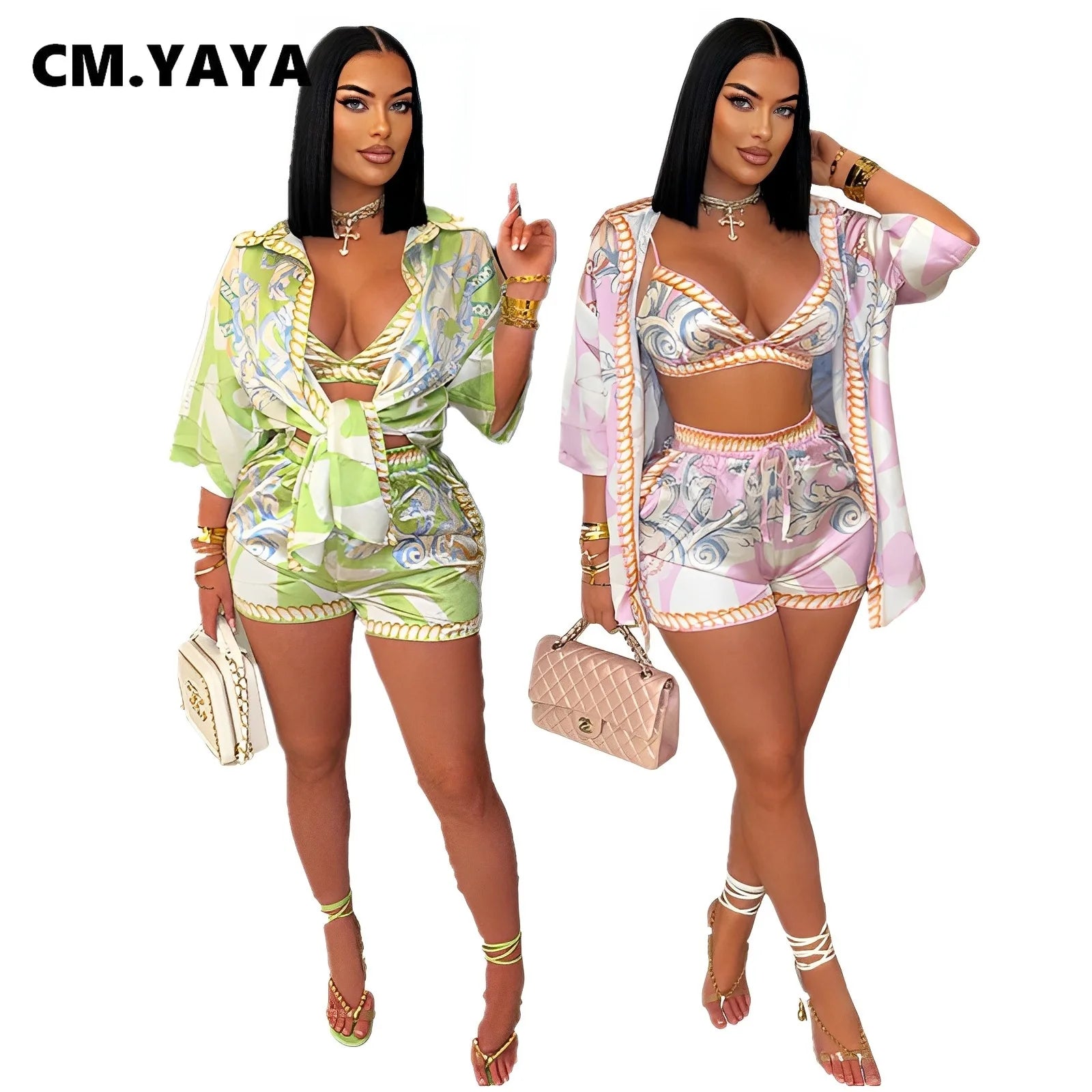 Paisley Printed Women's Set Three Quarter Sleeve Blouse + Bra Top and Shorts 2025 Beach 3- Piece Sets Outfit Tracksuits