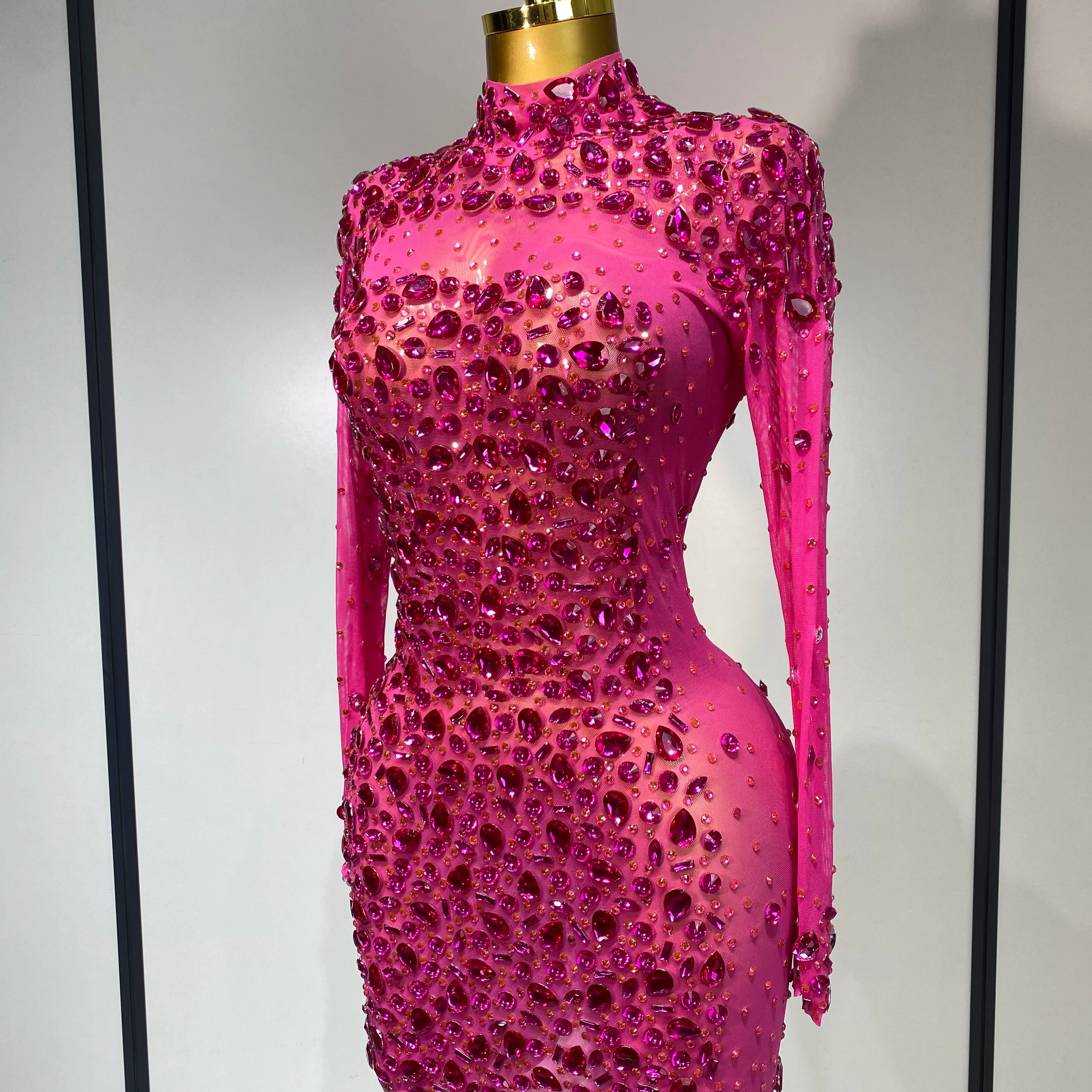 Women Sexy Mesh Rhinestones Mini Dresses Luxury Birthday Evening Party Celebrate Prom Gown Nightclub Singer Stage Outfit