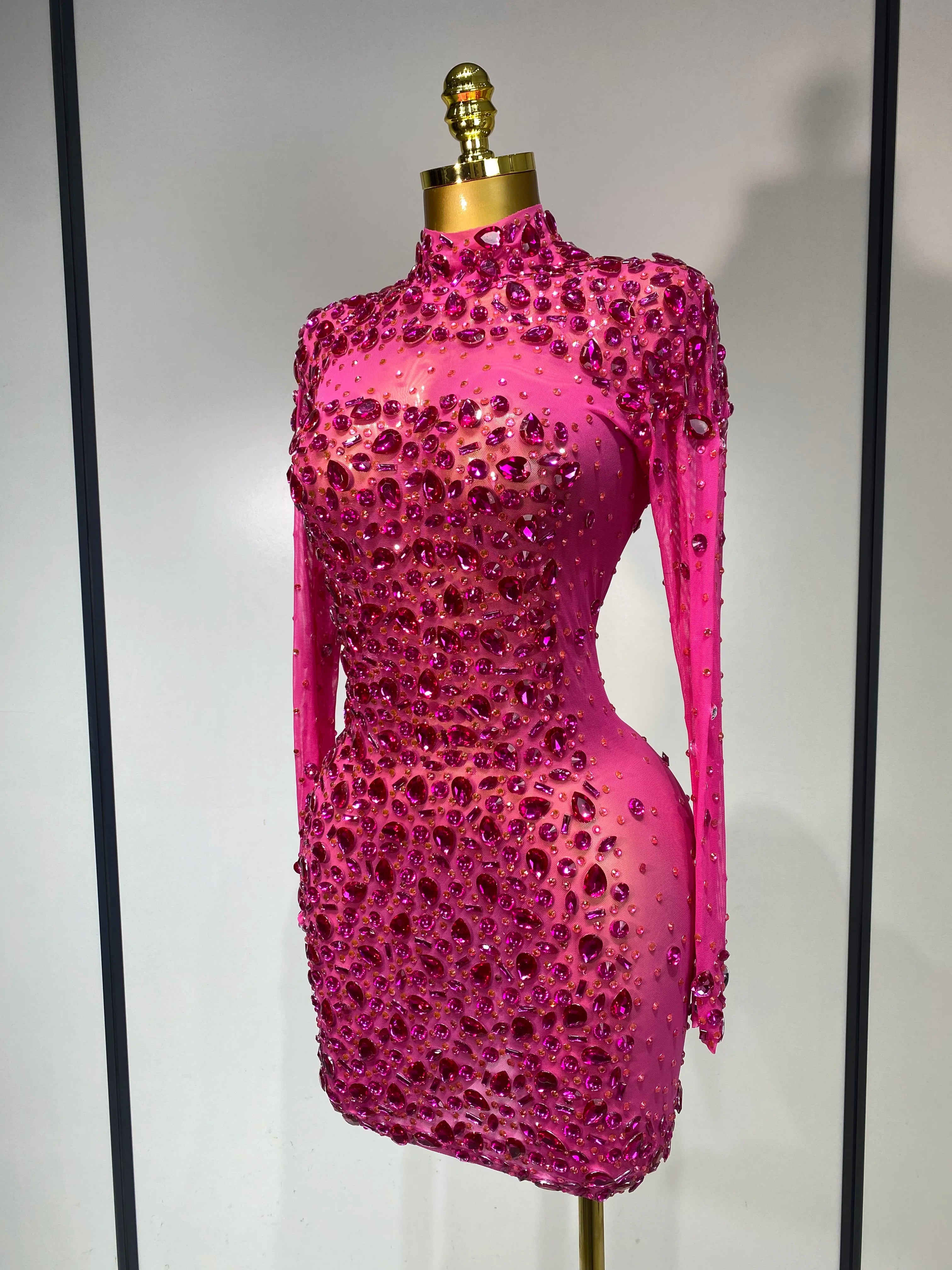 Women Sexy Mesh Rhinestones Mini Dresses Luxury Birthday Evening Party Celebrate Prom Gown Nightclub Singer Stage Outfit