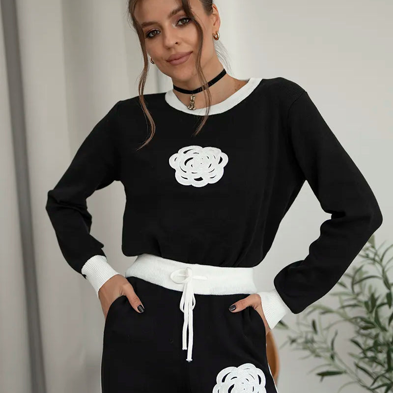 Two Piece Set Women Outfit Winter Outfit Embroidery Sweater Matching Sets Knit Tracksuit Casual Wear Set For Women