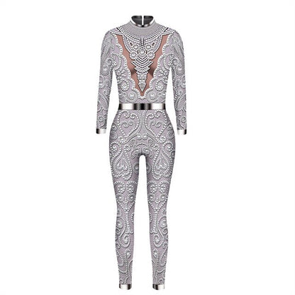 Women Skeleton Robot 3D Printing Bodysuit Zipper Back Halloween Costume Full Body Fall Jumpsuits for Women Wedding Guest