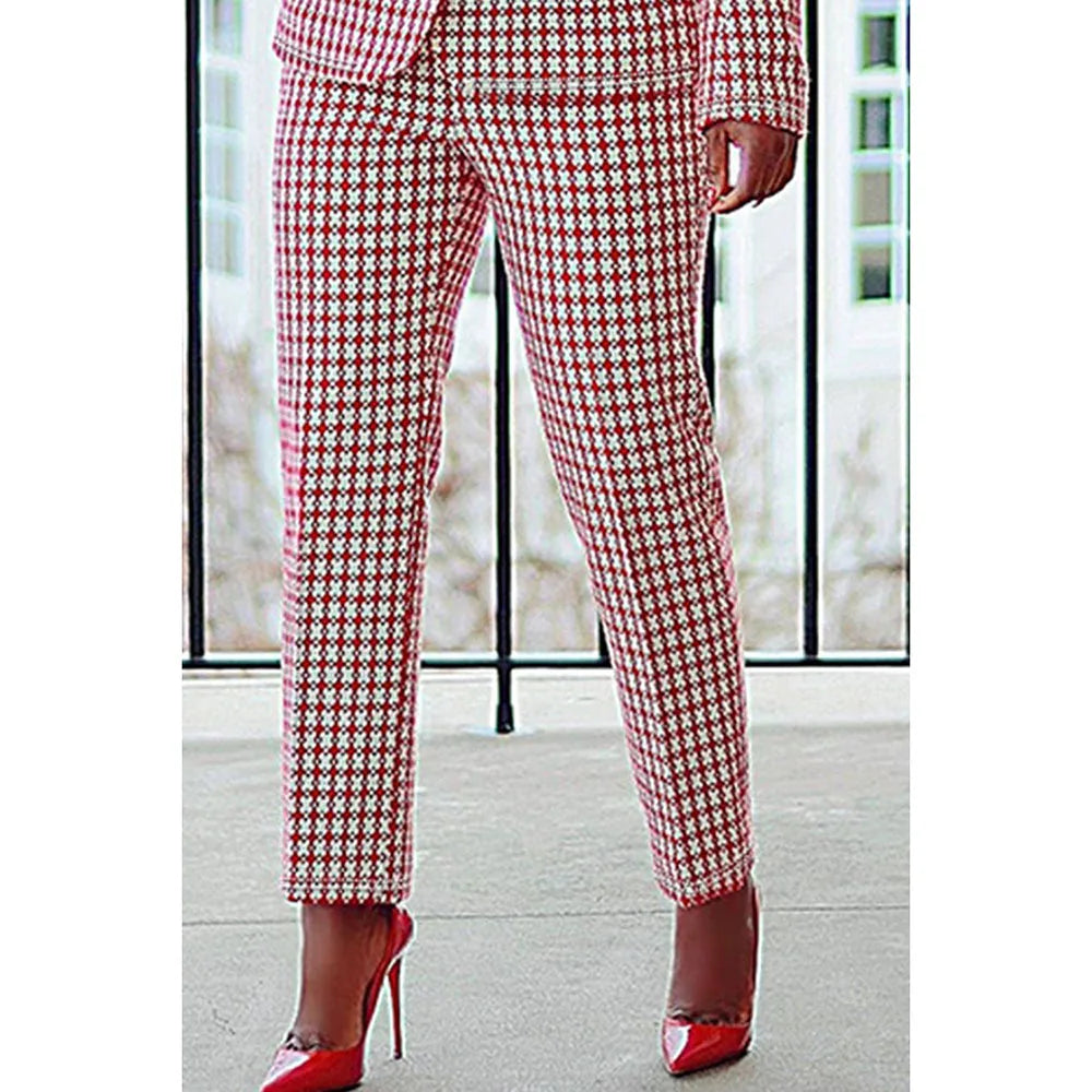Plus Size Semi Formal Pant Set Red Plaid Lapel Collar Long Sleeve Two Piece Pant Set