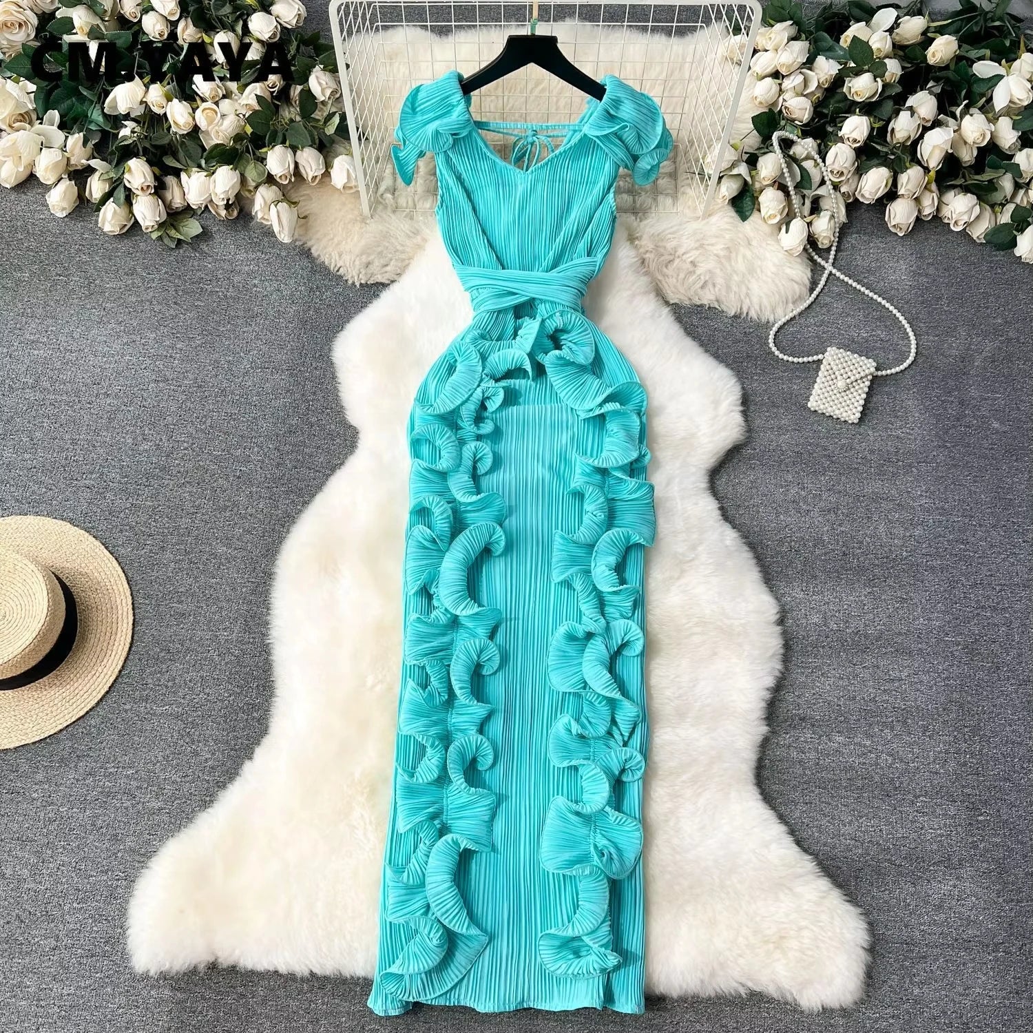 CM.YAYA Women Ruffles Splicing V-neck Sleeveless Bodycon Midi Pleated Maxi Long Dress 2025 Birthday Sexy Club Party Even Dresses Lake Blue One Size
