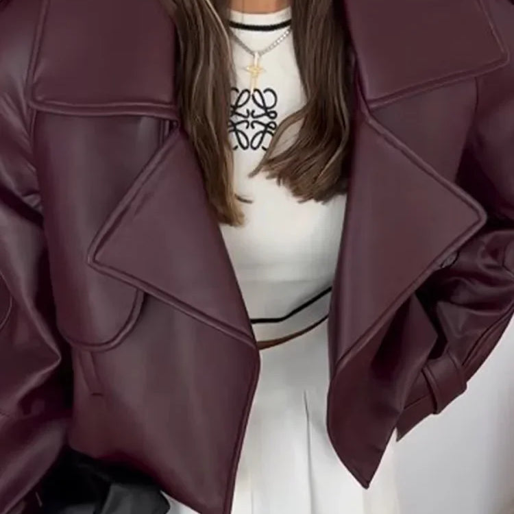 Fashion Burgundy Lapel Leather Jackets For Women Casual Loose Pockets Long Sleeve Coats Autumn Lady High Street Outerwear