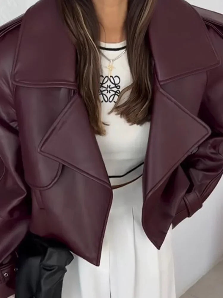 Fashion Burgundy Lapel Leather Jackets For Women Casual Loose Pockets Long Sleeve Coats Autumn Lady High Street Outerwear